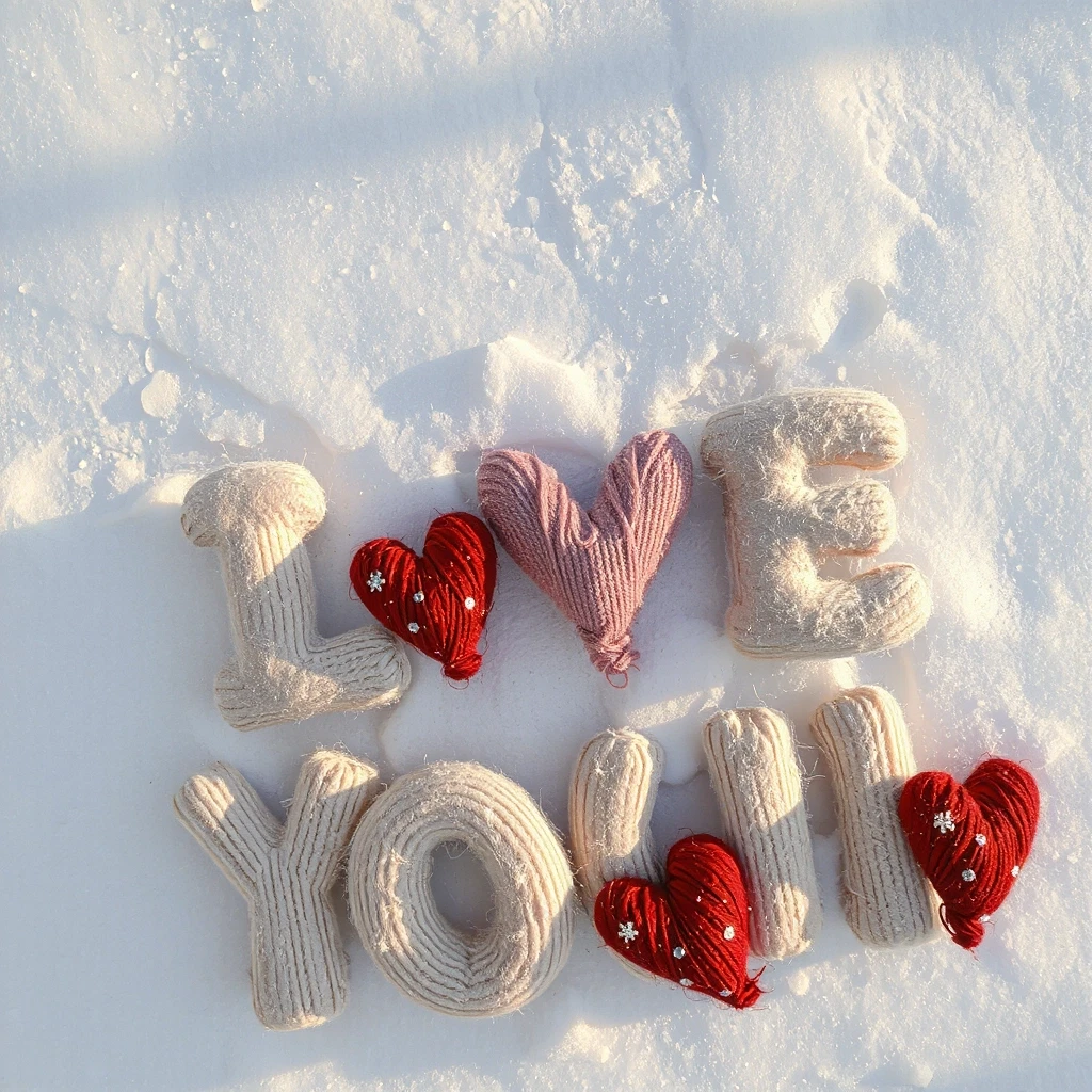 A larger version of the inscription "I LOVE YOU!", two lines of text, voluminous soft letters, like large knitted pillows, thick wool yarn in pastel shades (pink, red,…