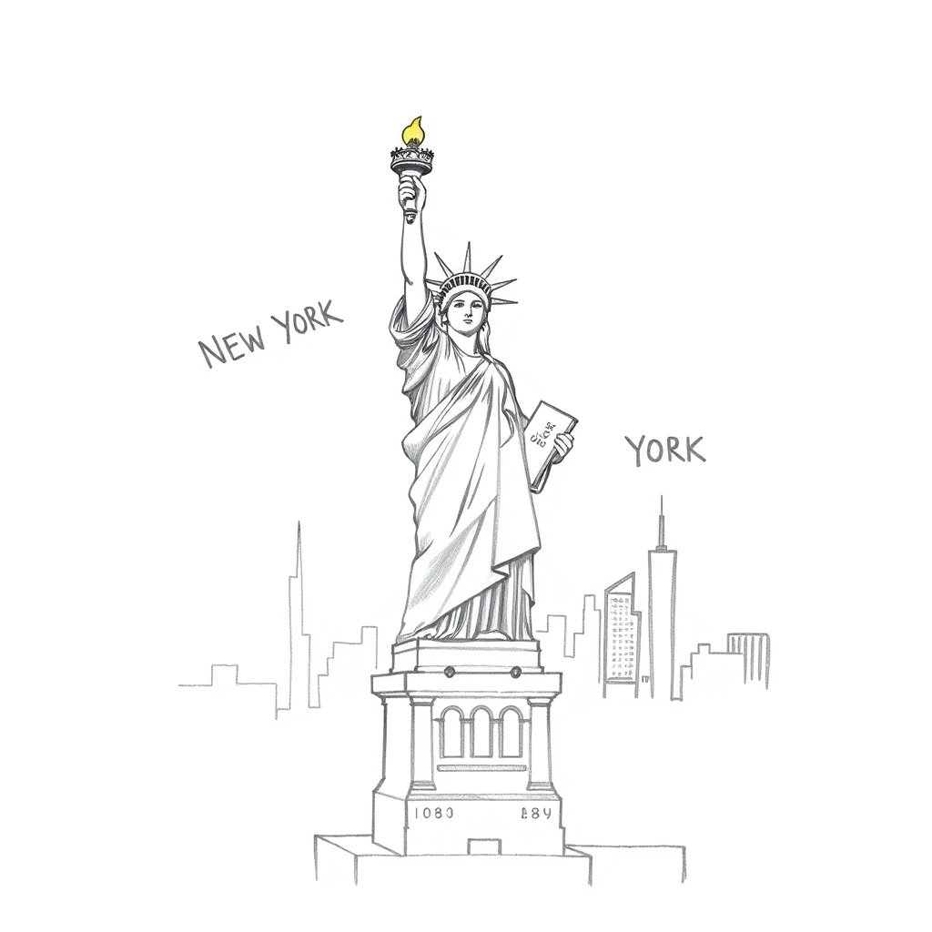 Statue of Liberty with New York City in the background: a simple pencil sketch, only lines and contours, white background, like in a children's book, monochrome — работа…