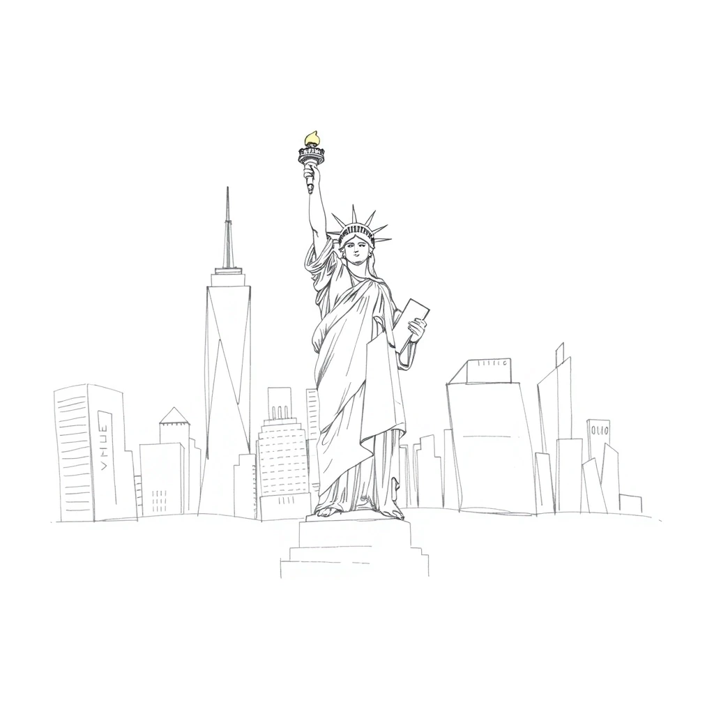 Statue of Liberty with New York City in the background: a simple pencil sketch, only lines and contours, white background, like in a children's book, monochrome — работа…