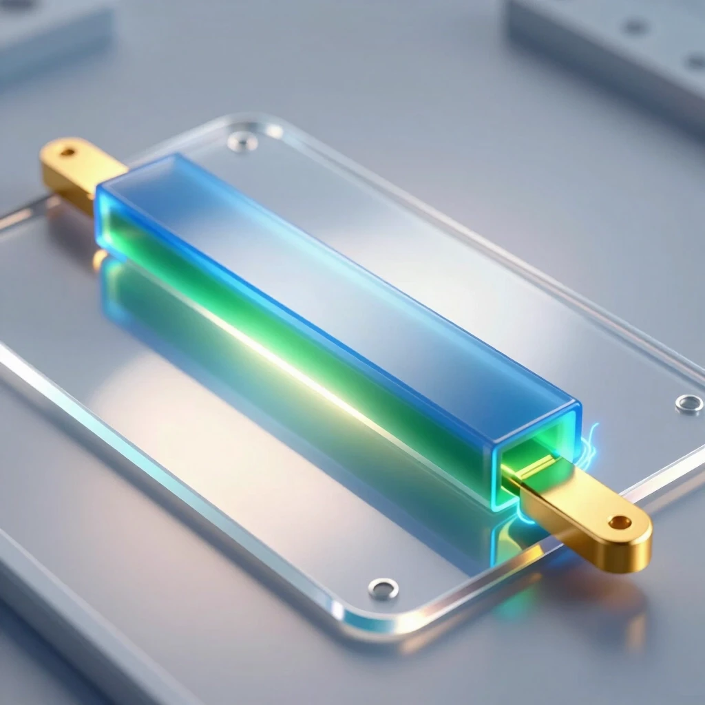 A hyper‑realistic scientific 3D illustration of a single organic field‑effect transistor with a bottom gate and top contacts of the following structure (from top to bottom): a…