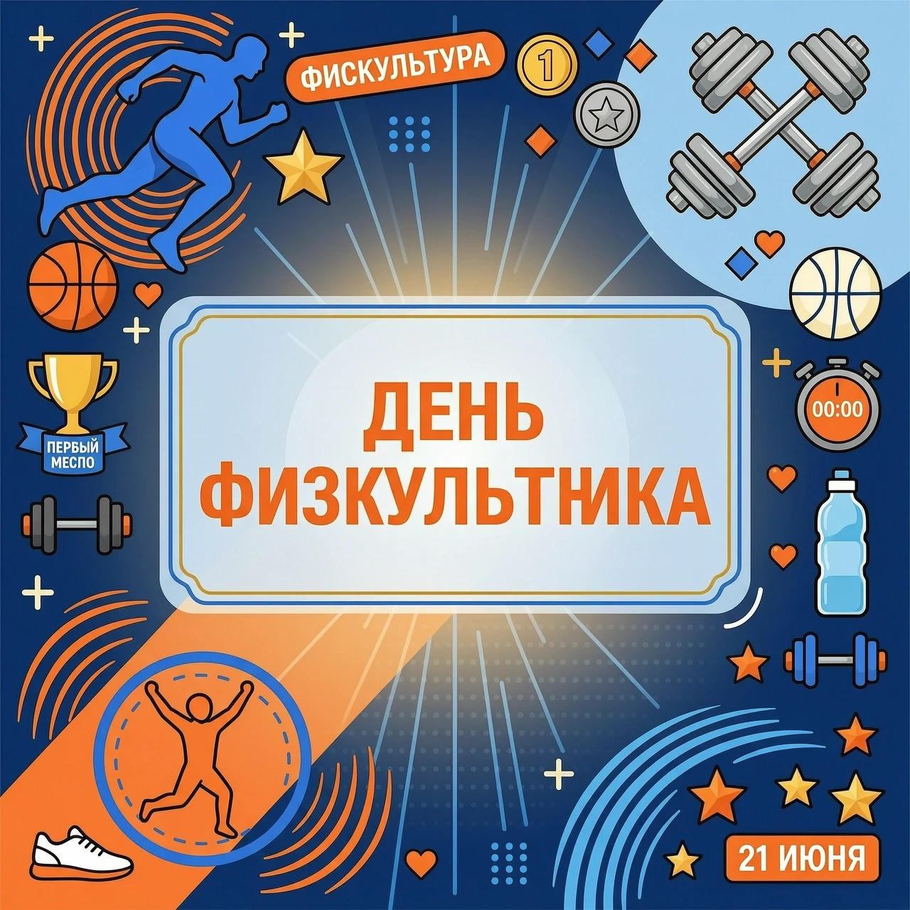 Нарисуй красивый современный стиль рисунок на тему День физкультурника, оставь по центру свободное место для текста прямоугольной формы. — работа пользователя Новаторская Стрела
