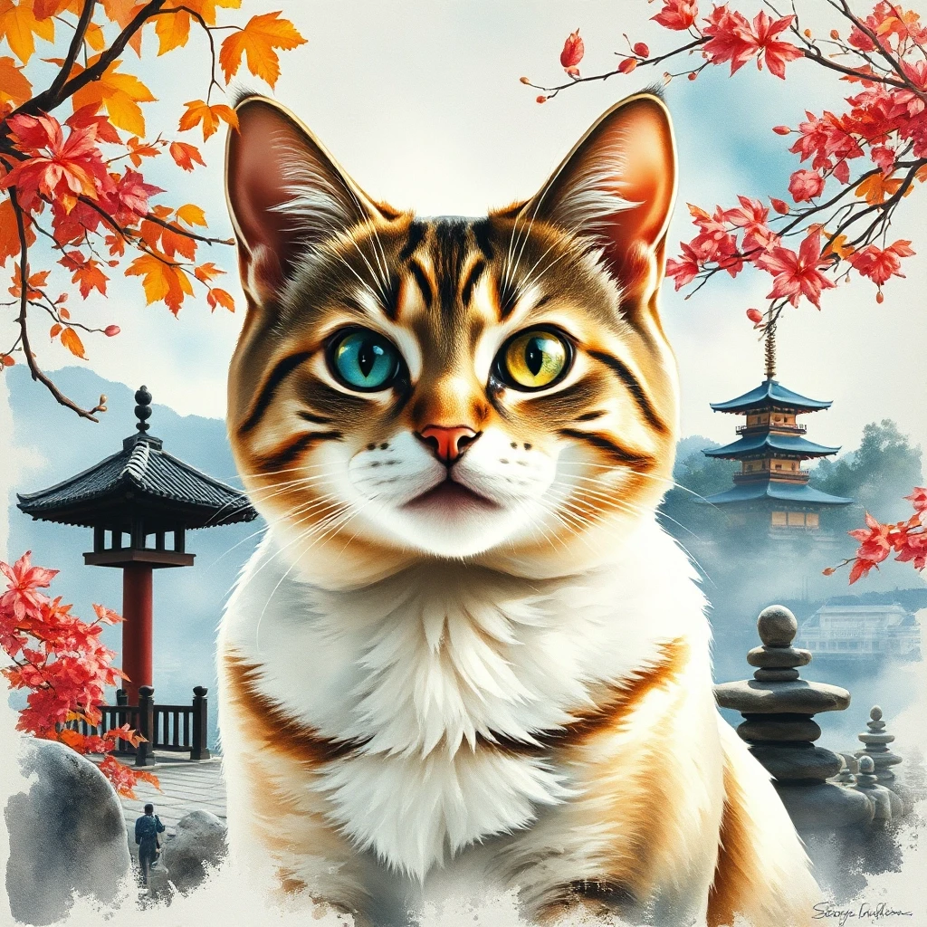 A masterpiece. The painting is done in watercolors. (Double exposure:1.8). (Portrait of a fabulously beautiful cat:1.8). In the background, there are views of Japan at that…