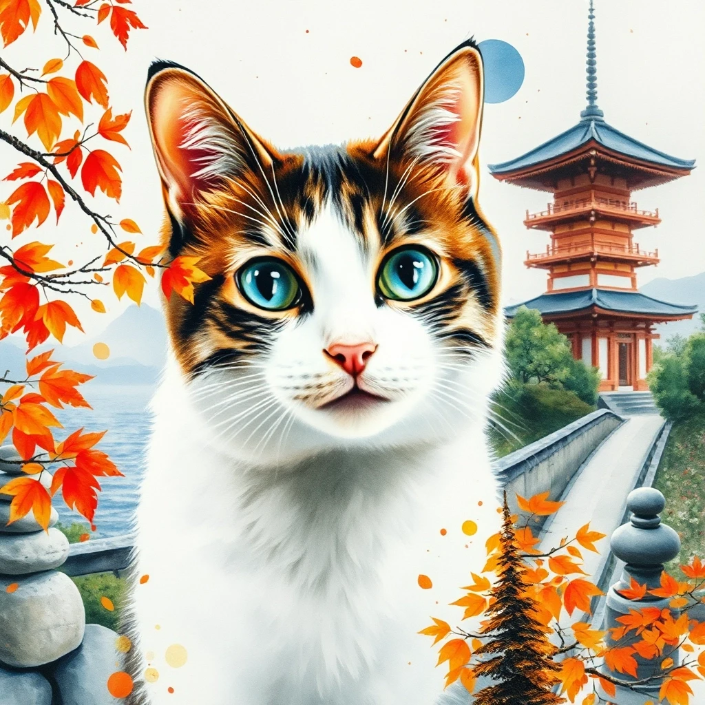 A masterpiece. The painting is done in watercolors. (Double exposure:1.8). (Portrait of a fabulously beautiful cat:1.8). In the background, there are views of Japan at that…