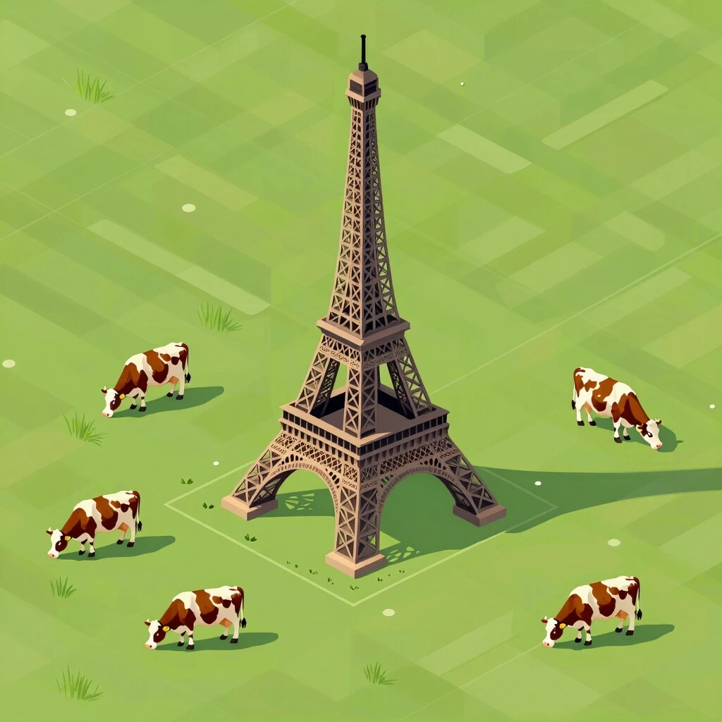 Award-winning professional photo. Isometric view. Expansive fields where cows are grazing; the Eiffel Tower rises up from the field. — работа пользователя Радужный Чародей