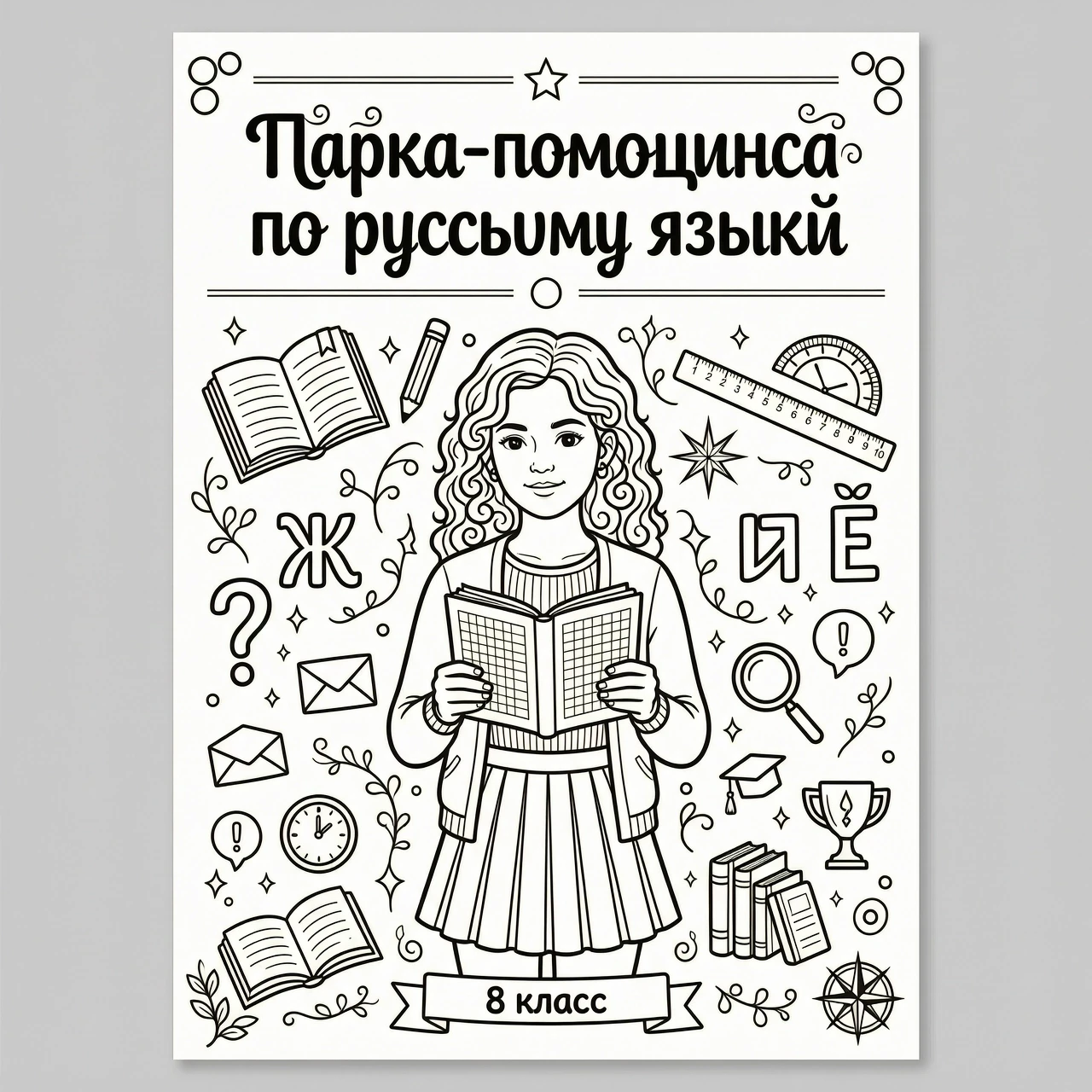 A4 folder cover, black and white line art, coloring page style, outline only, no shading, no color fill. Big hand-lettered title at the top: "Папка-помощница по русскому…