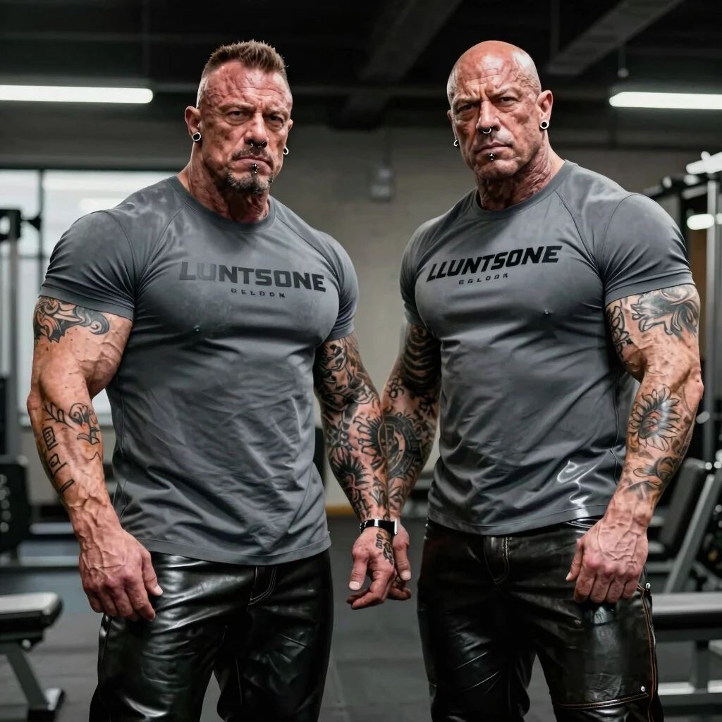 FRANK AND ADAM ARE BODYBUILDERS. Rough skin, hypertrophied muscles, biceps and tendons. The skin is covered in tattoos, they have piercings in their nose and ears, they’re…