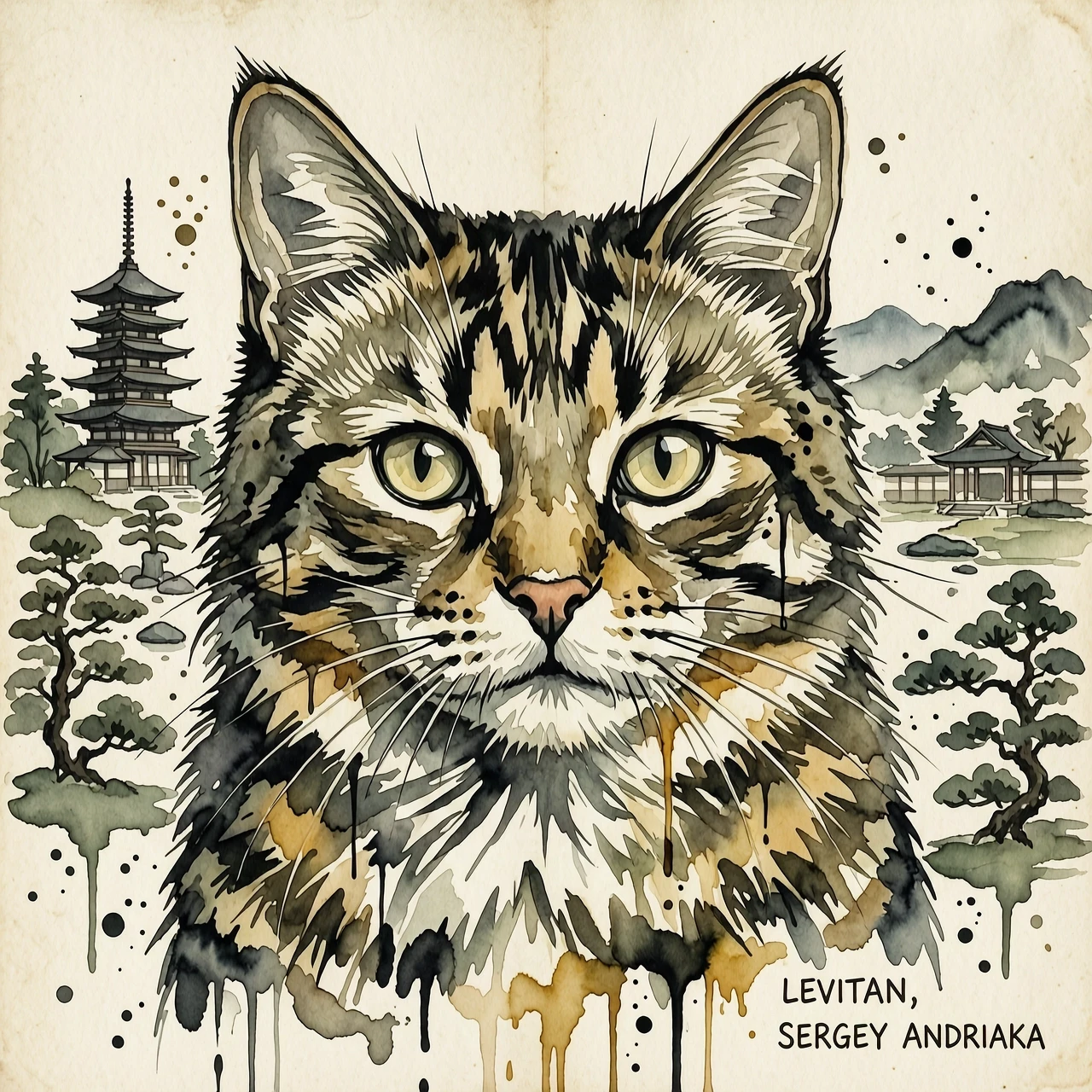 A masterpiece. The painting is done in watercolors. (Double exposure:1.8). (Portrait of a fabulously beautiful cat:1.8). In the background, there are views of Japan at that…