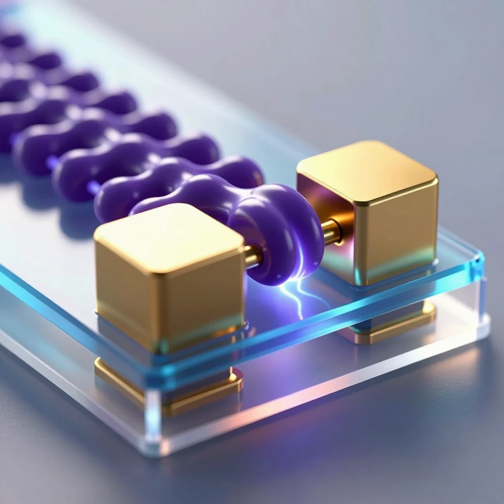 hyper-realistic scientific 3D illustration of a cross-section of an Organic Field-Effect Transistor (OFET) with a bottom-gate and top-contact architecture. Flexible transparent…