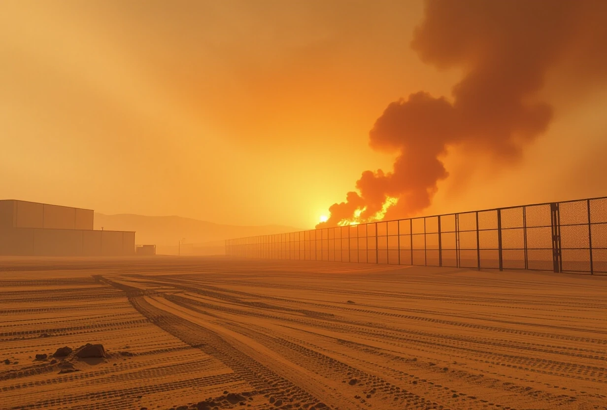 A vast, empty desert plain stretching into the distance under a hazy, dusty sky. In the background, a tall metal grid fence glows against a bright fiery light source behind it,…