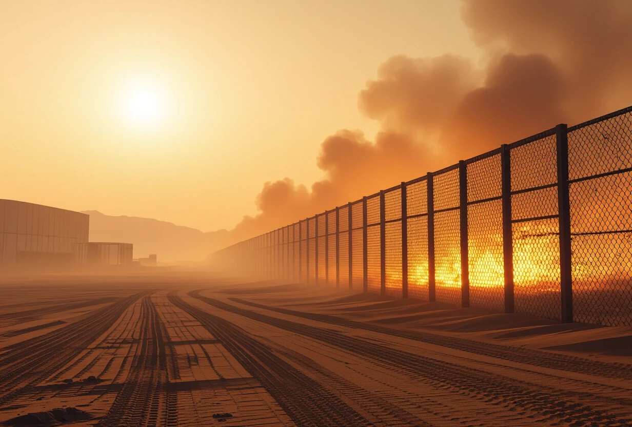 A vast, empty desert plain stretching into the distance under a hazy, dusty sky. In the background, a tall metal grid fence glows against a bright fiery light source behind it,…