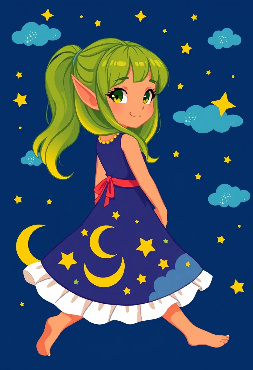 A green-haired elf girl with golden-green gradient long hair and bangs, pointed ears, orange skin, large expressive eyes, smiling while glancing back over her shoulder, left…