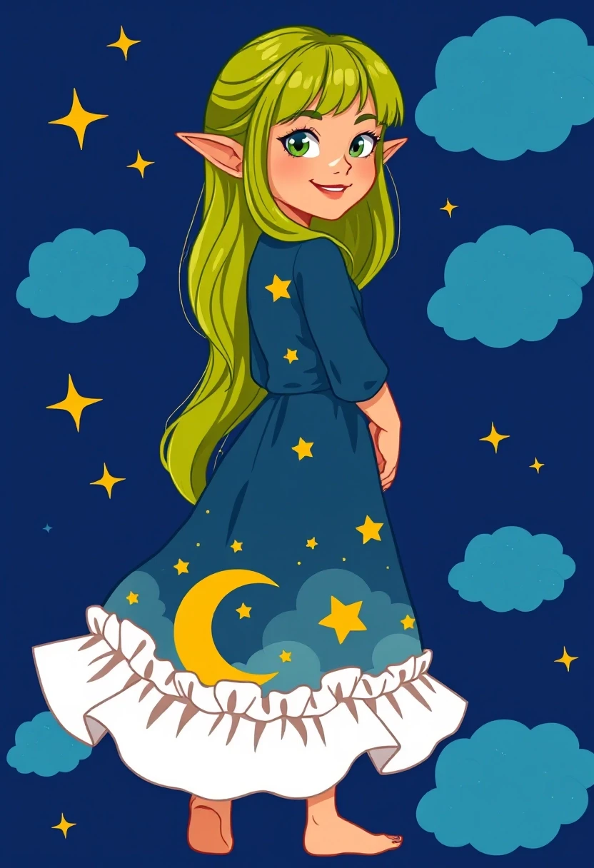 A green-haired elf girl with golden-green gradient long hair and bangs, pointed ears, orange skin, large expressive eyes, smiling while glancing back over her shoulder, left…