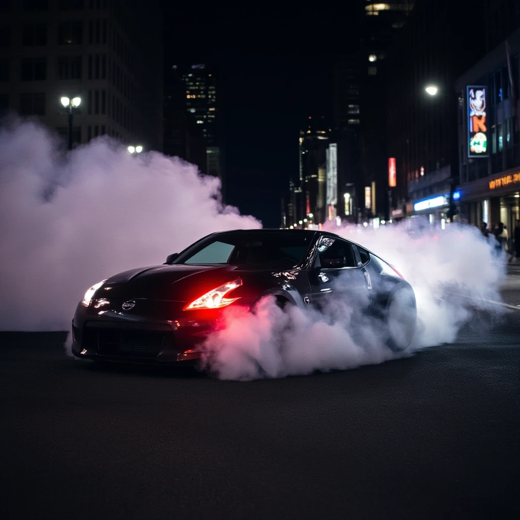 Nissan 370z делает бернаут на главной улице в ночном городе, тормоза раскалились, из колес идет дым — работа пользователя Быстрая Симметрия
