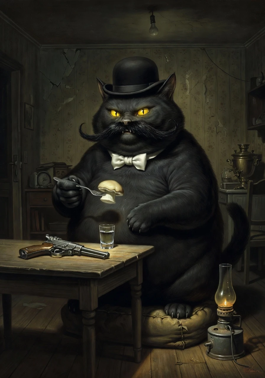 Огромный чёрный кот размером с кабана, жирный, тяжёлый. Стоит на задних лапах. Шерсть чернее сажи, отчаянные кавалерийские усы, круглая голова, острые уши, пухлые лапы. На шее —…