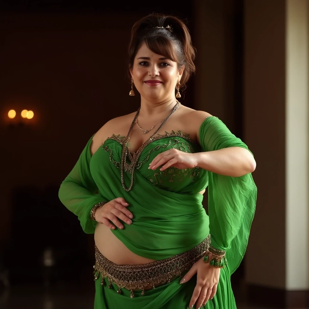 front view chubby belly dancer fifty years woman in green costume brown short ponytail hair stand in hall — работа пользователя Прекрасная Мантикора