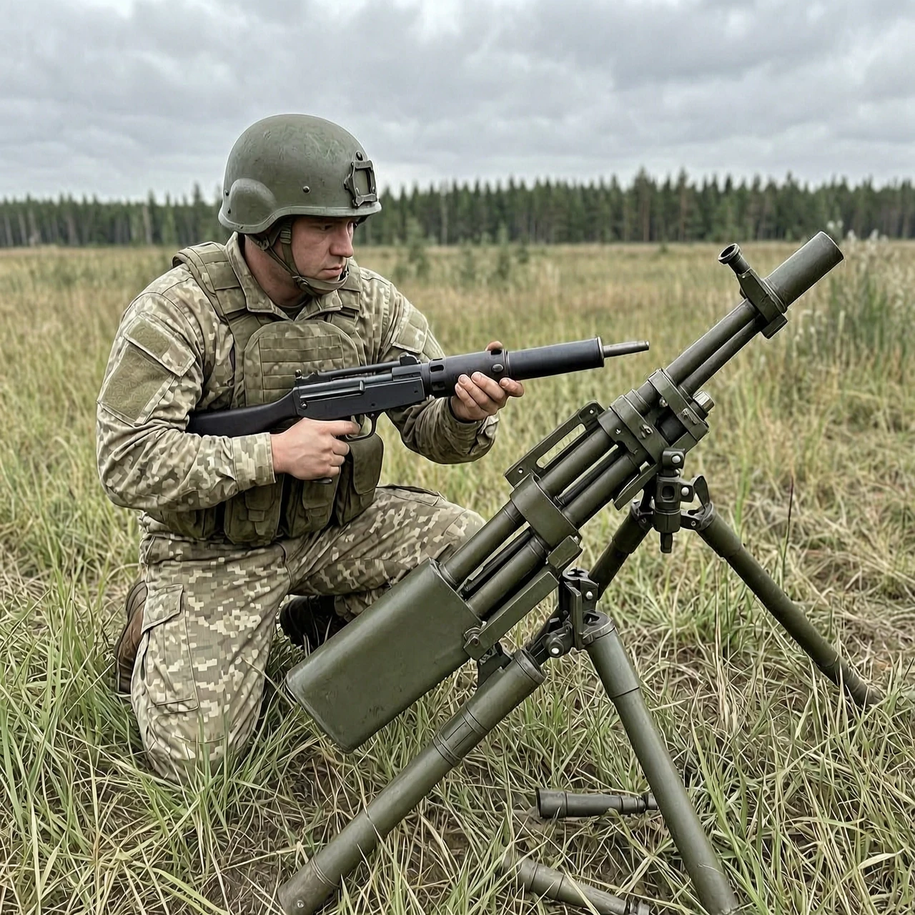 Боец русский в шлеме на поляне засовывает 120 мм. мину в ствол большого миномёта — работа пользователя Ледяной Феномен