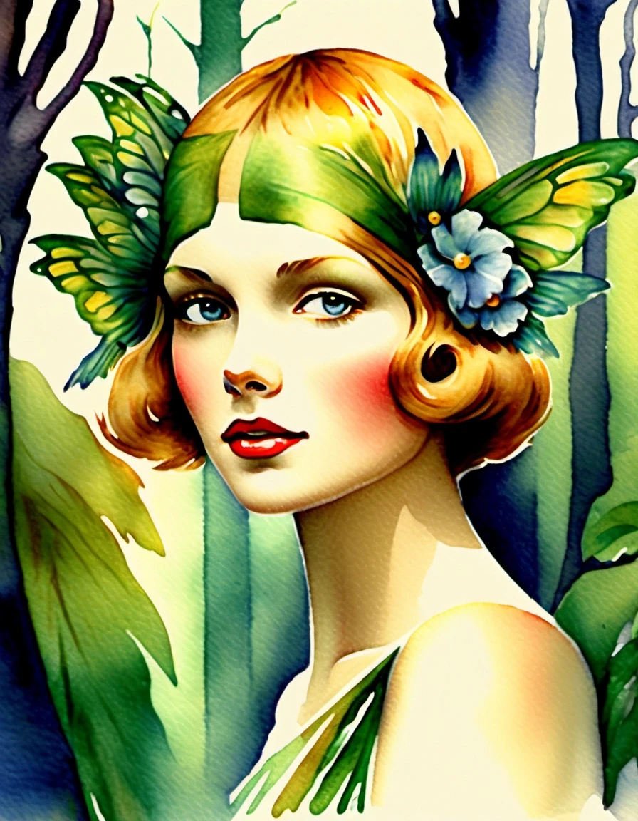 A real masterpiece. How artificial intelligence would depict: (Aesthetics: Impressionism. The image is made in watercolor technique. Art Deco and very beautiful forest nymph…