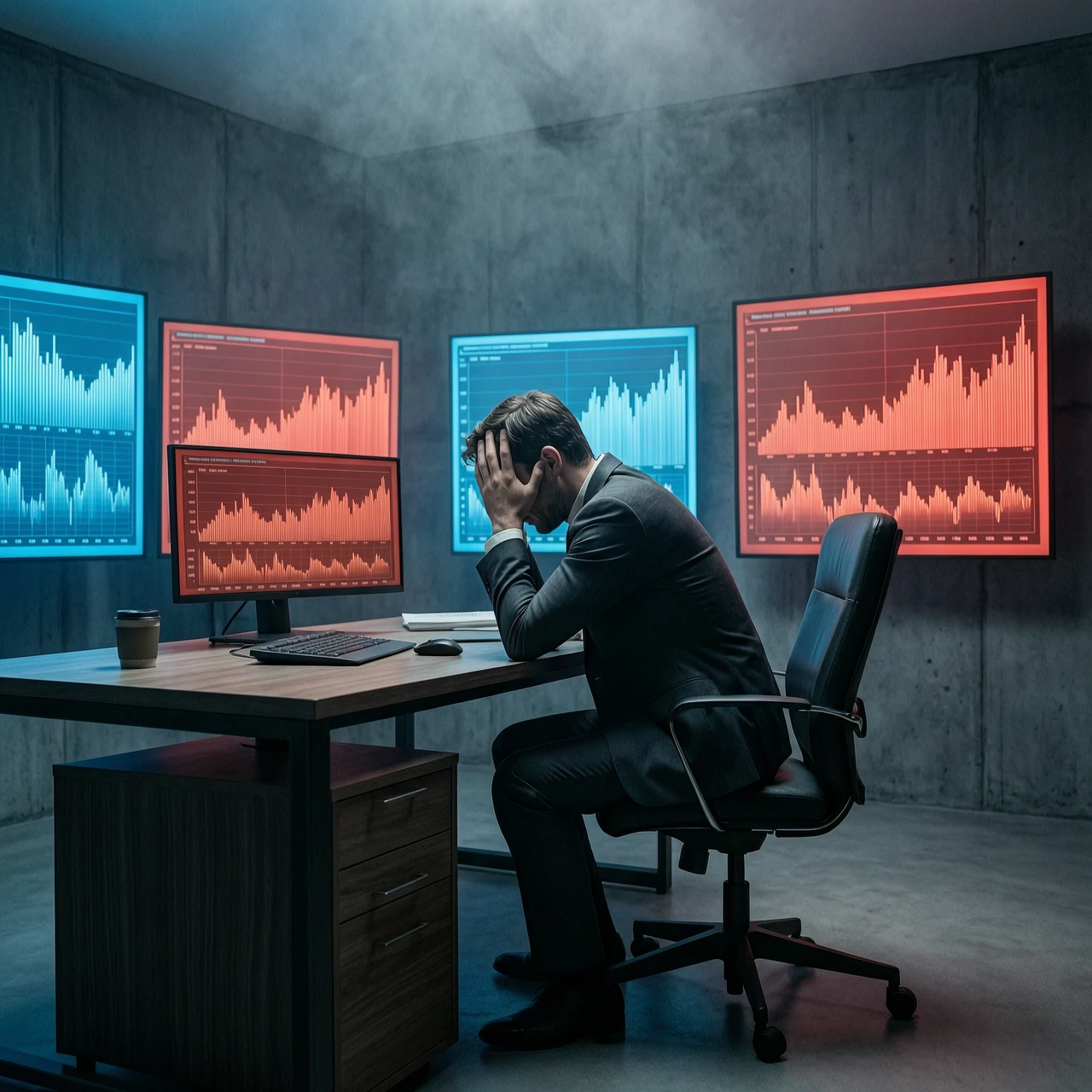 Minimalist cinematic scene, a man sitting at a desk in a dimly lit room, head in his hands in a gesture of defeat, multiple glowing screens with red charts in the background,…