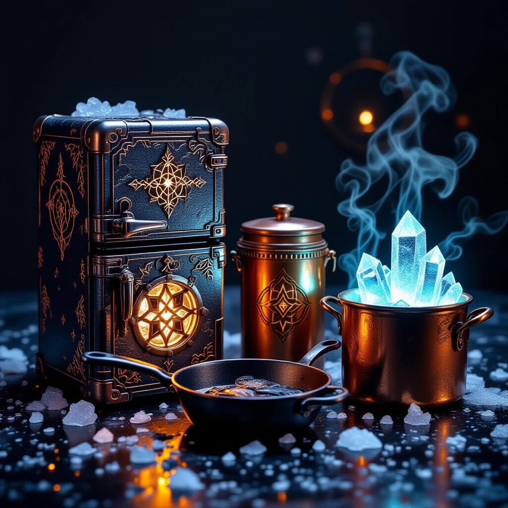 A fantasy-themed kitchen set consisting of a mini-fridge, a canister, a generator, a skillet, and a stockpot. All items are made of forged iron, aged copper, and glowing…