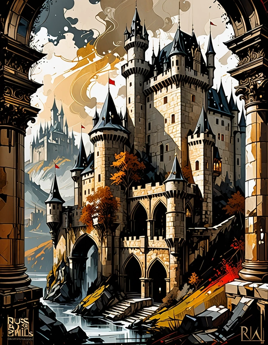 A masterpiece. Style: oil painting. (Image. How artificial intelligence imagines: A multi-layered paper application of a medieval castle):1.8. Close-up. High quality. High…