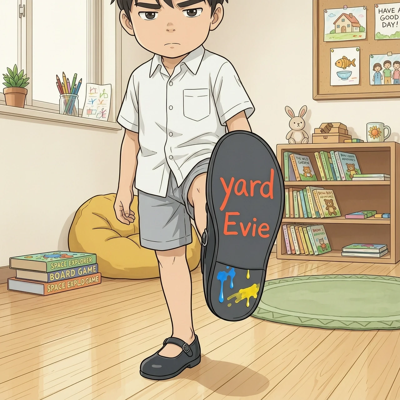 A anime eleven-year-old boy lifted his left foot, showing the sole of his shoe in place in his playroom. He was wearing a white shirt, shorts, and Mary Janes with dark gray…