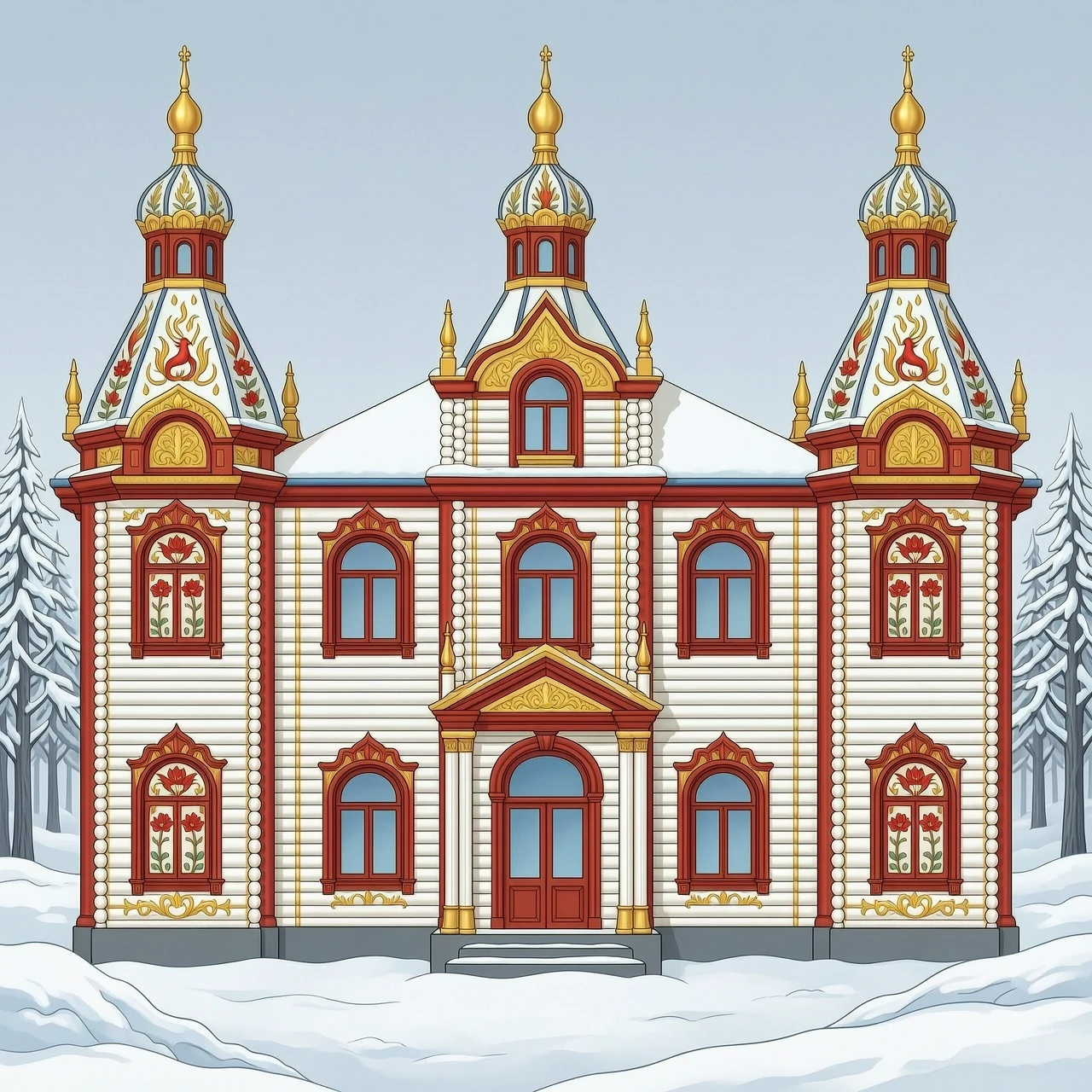 create a drawing of a tower, a royal estate, 2 floors, with turrets, kokoshniks, scarlet flowers and firebirds on tiles, carved columns, many colored murals on the facade, built…