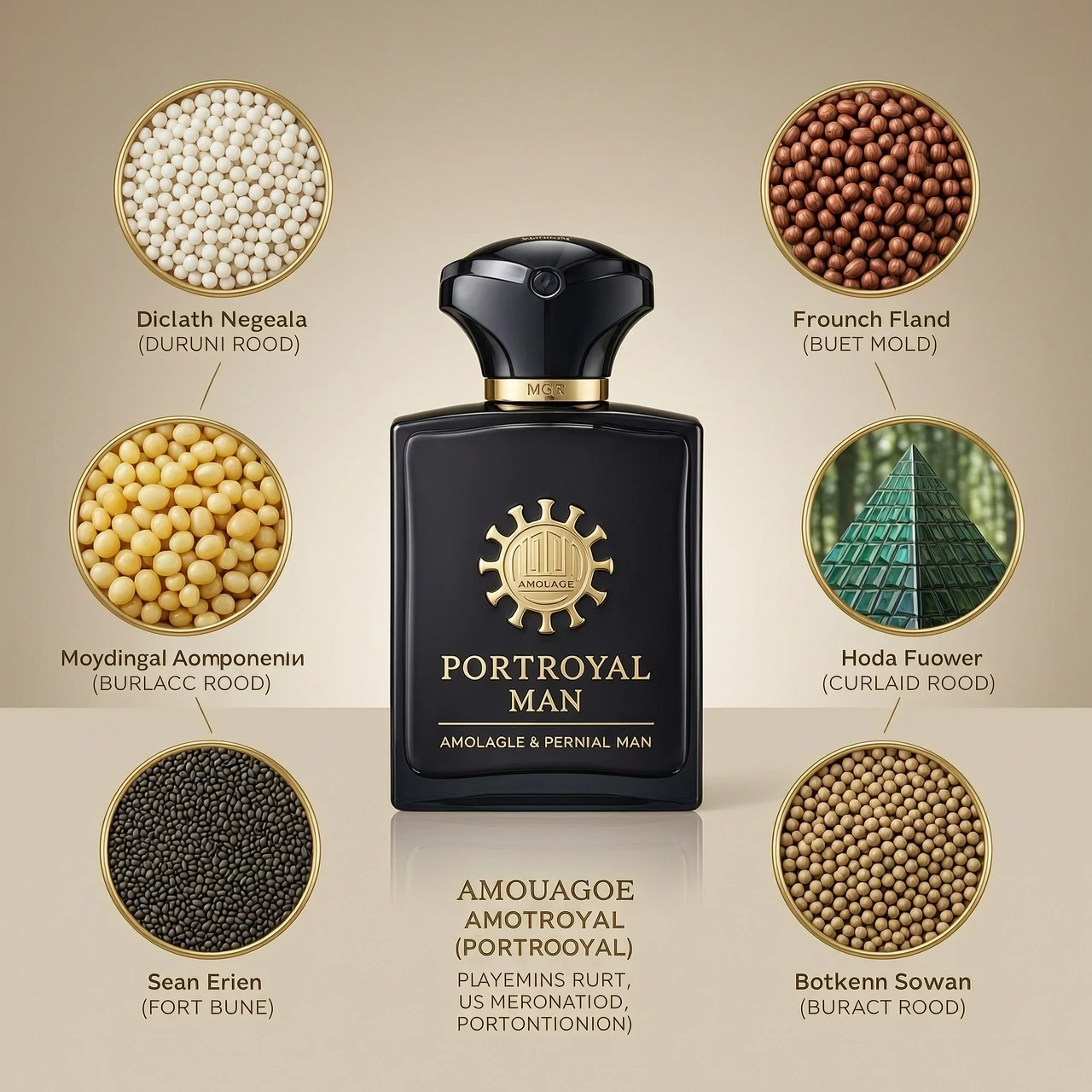 Изображение флакона духов Amouage Portroyal Man в окружении изображений компонентов из пирамиды этого аромата — работа пользователя Импульсивный Свет