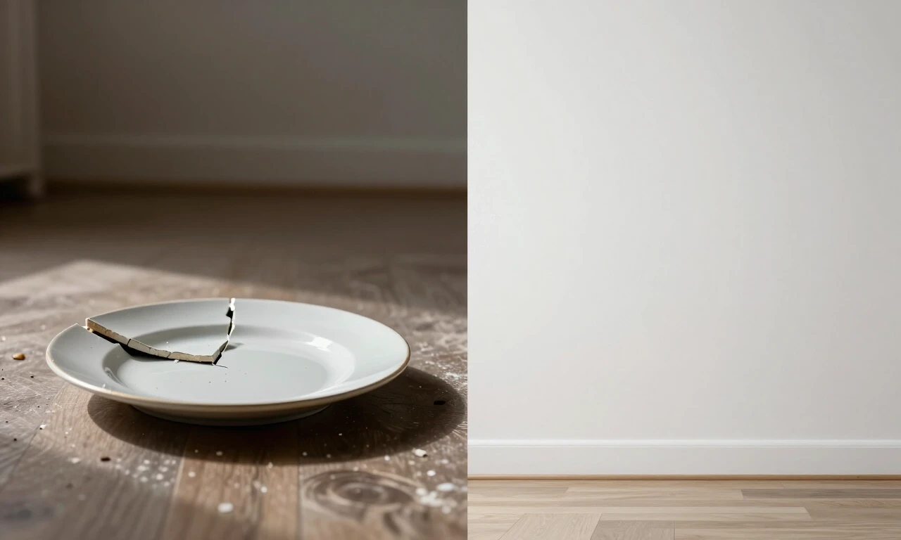 Split screen composition, left side — broken plate on the floor, dramatic lighting; right side — empty white wall with no decorations, diffused light, contrasting "loud…