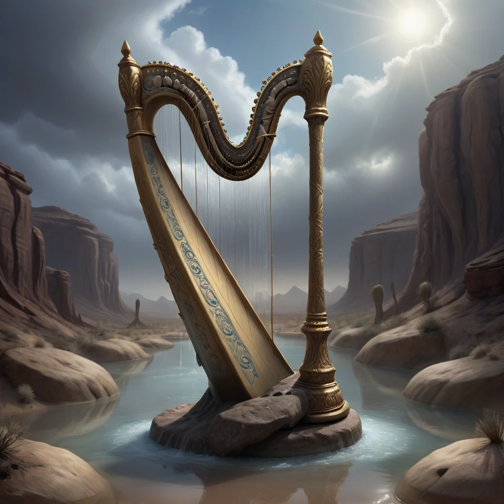 The image depicts a surreal and artistic scene set in a desert landscape under a cloudy sky. The central element is a large, ornate harp that appears to be metallic and…