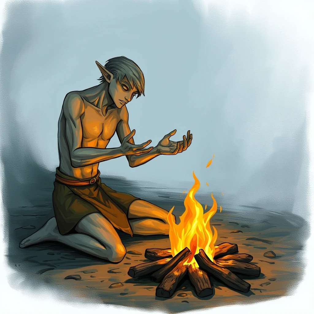 A slender, thin male elf is sitting on the ground, kneeling in front of a small campfire, and he is extending his hands toward it, palms facing the fire, to warm himself. —…