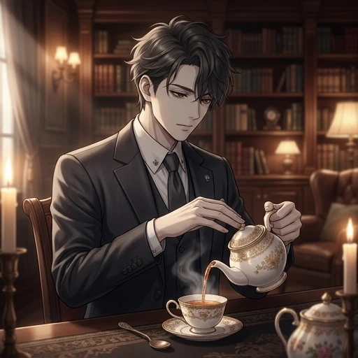 Anime style high-quality illustration, a young man with pale ash-colored skin and a refined aesthetic, wearing a sophisticated tailored dark charcoal suit with subtle silk…