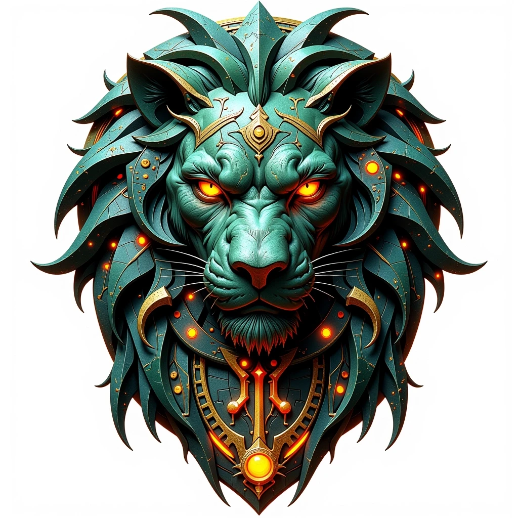 Mystical archaeo‑futurist logo for “Лев Маратович”: lion head as a carved stone bas‑relief covered with glowing glyphs and runes. Subtle holographic outline around the lion.…
