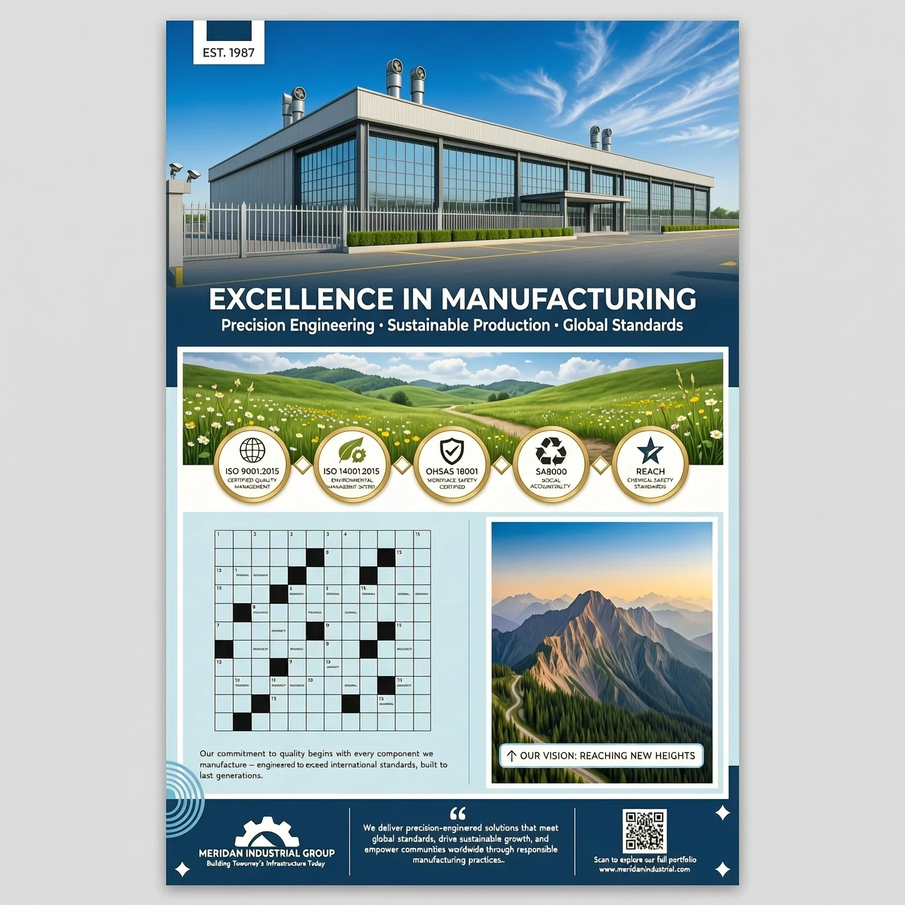 Vertical advertising module for a manufacturing company. Top part shows a modern industrial building under a blue sky. Middle part shows a green landscape with certification…