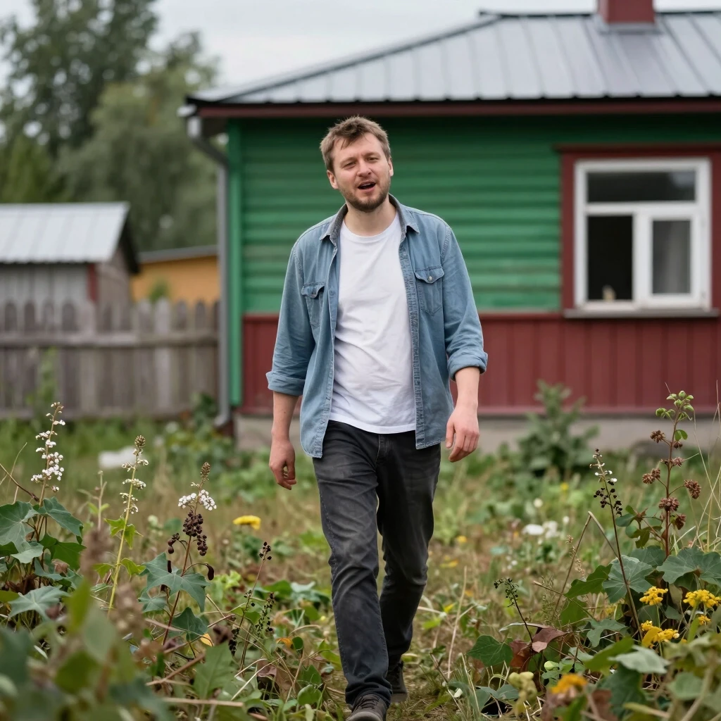 A man walks around a dacha overgrown with weeds and sings about it — работа пользователя Эмоциональная Трансмутация