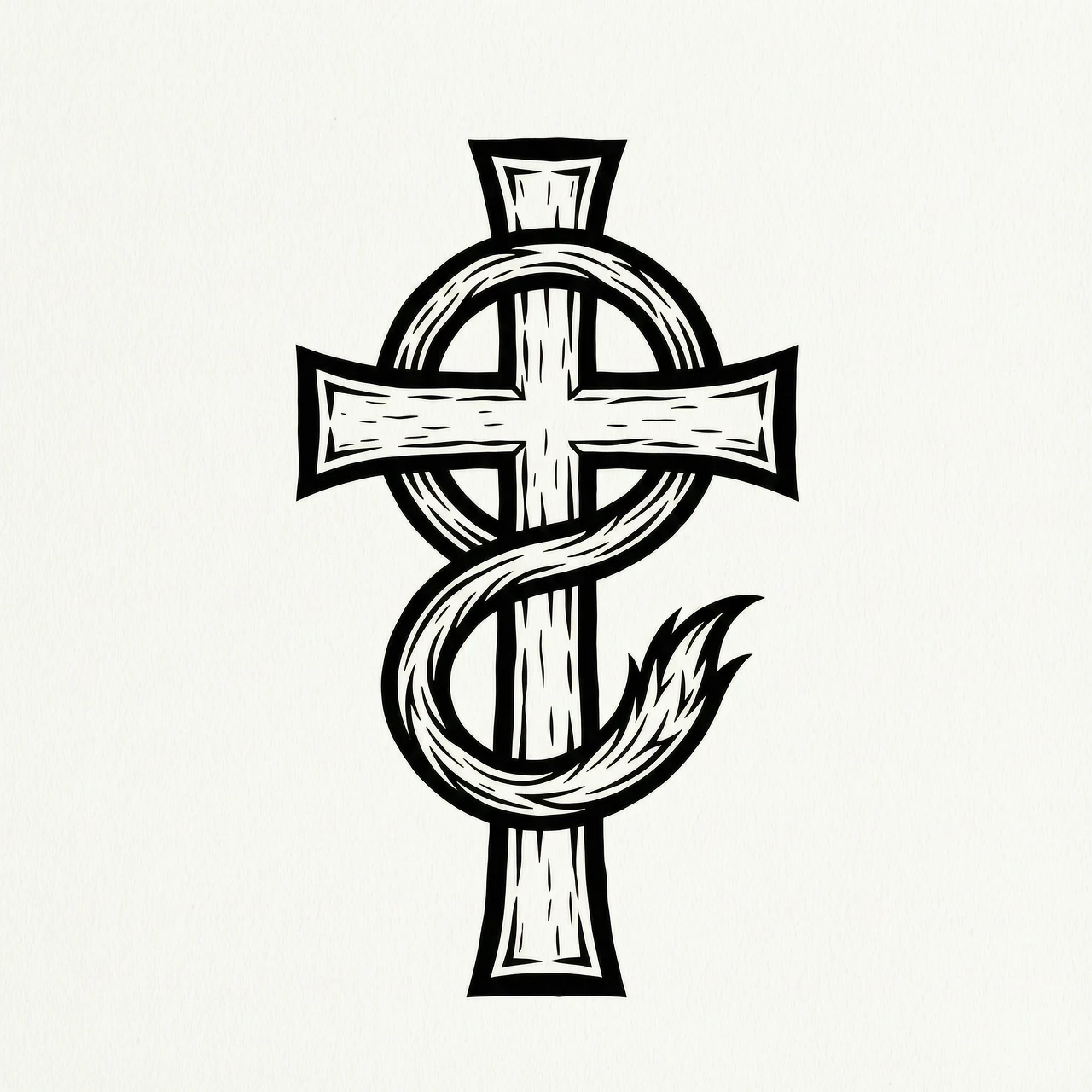 Minimalist engraving style, the Flamel cross, a stylized three-tailed fox replaces the snake on the cross, the fox flows along the cross contour forming a loop, vector line art,…