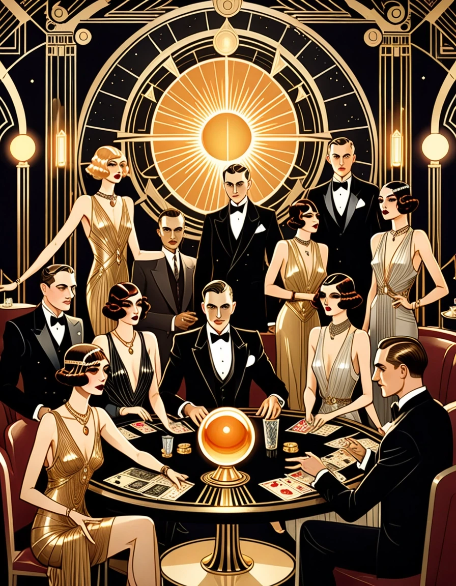 A secret occult club in luxurious 1920s Art Deco style. Several elegant men and women dressed in authentic Art Deco evening fashion sit around a long black table. Women wear…