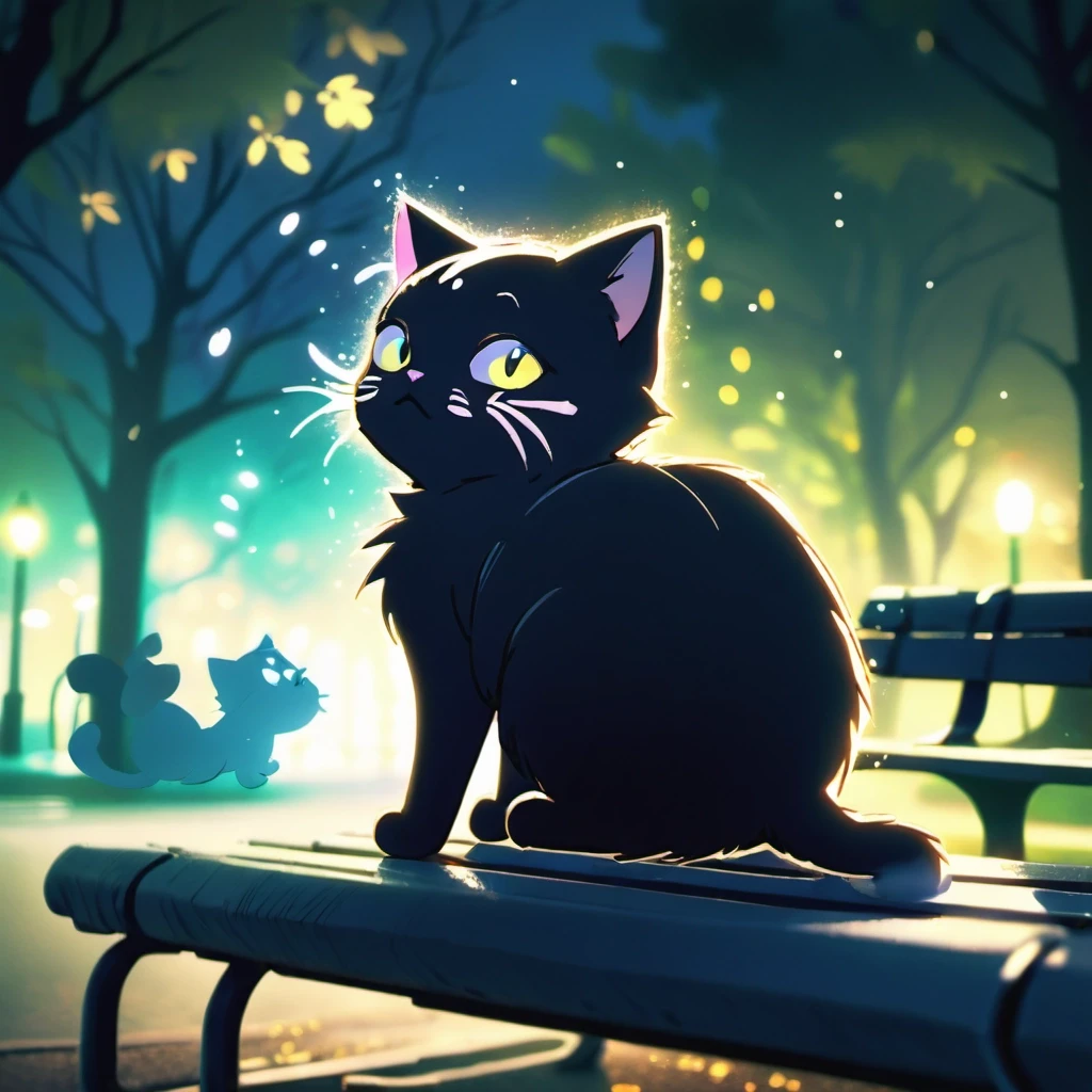 A detailed black chibi anime cat lying under a park bench at night, watching with big awestruck eyes. Neon streaks of colored light drawn in the air form simple anime fish…