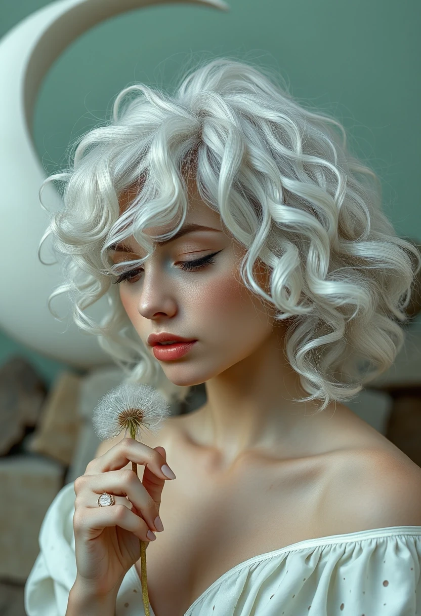 Description: Photorealistic detailed concept art in a minimalist style, various textures, stone and bark, aesthetic, attractive white albino woman looking down, mint lips,…