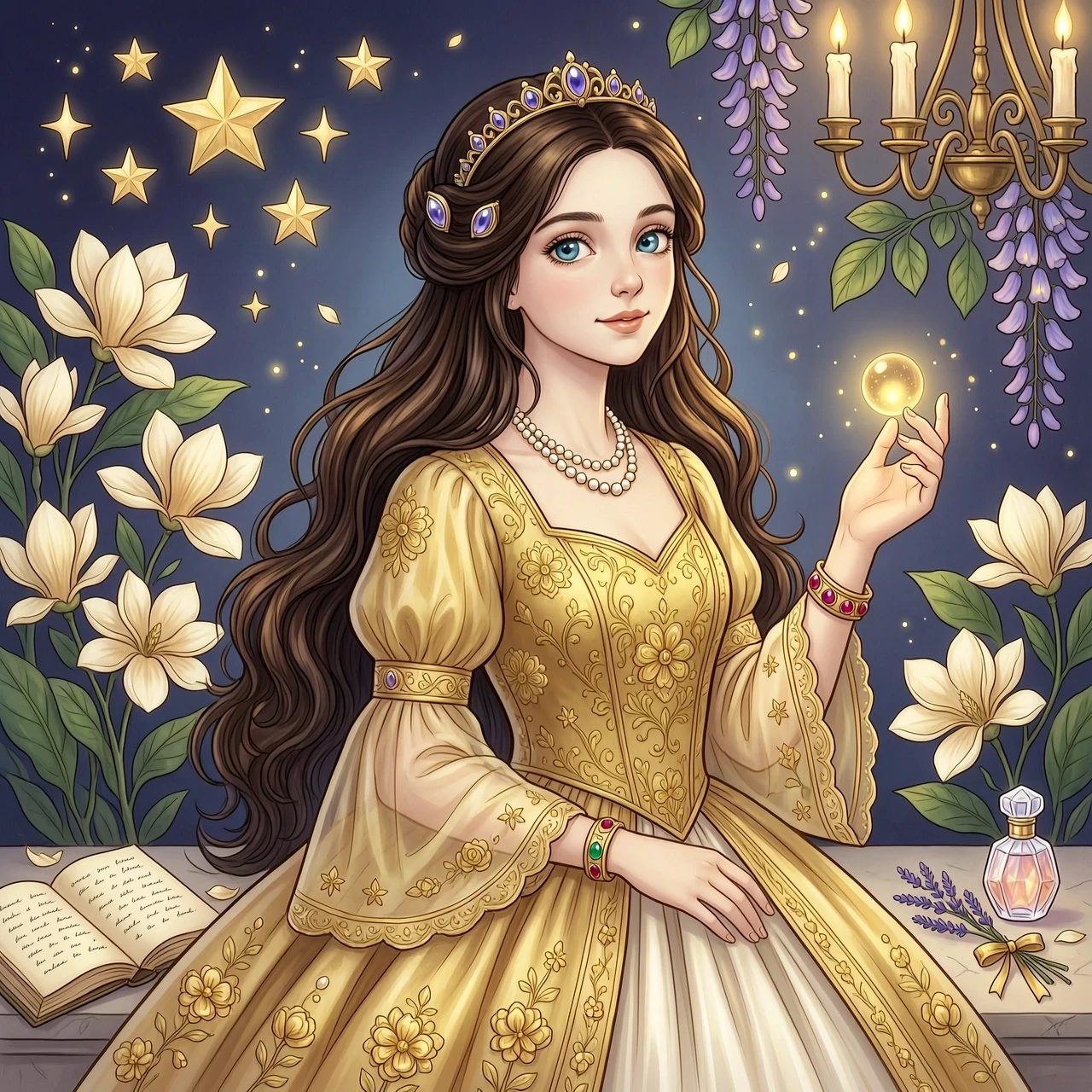 Create an artwork of a character — a girl, fairy‑tale-like, with long dark chocolate hair, blue eyes, a luxurious golden dress, soft lighting, and high detail. — работа…