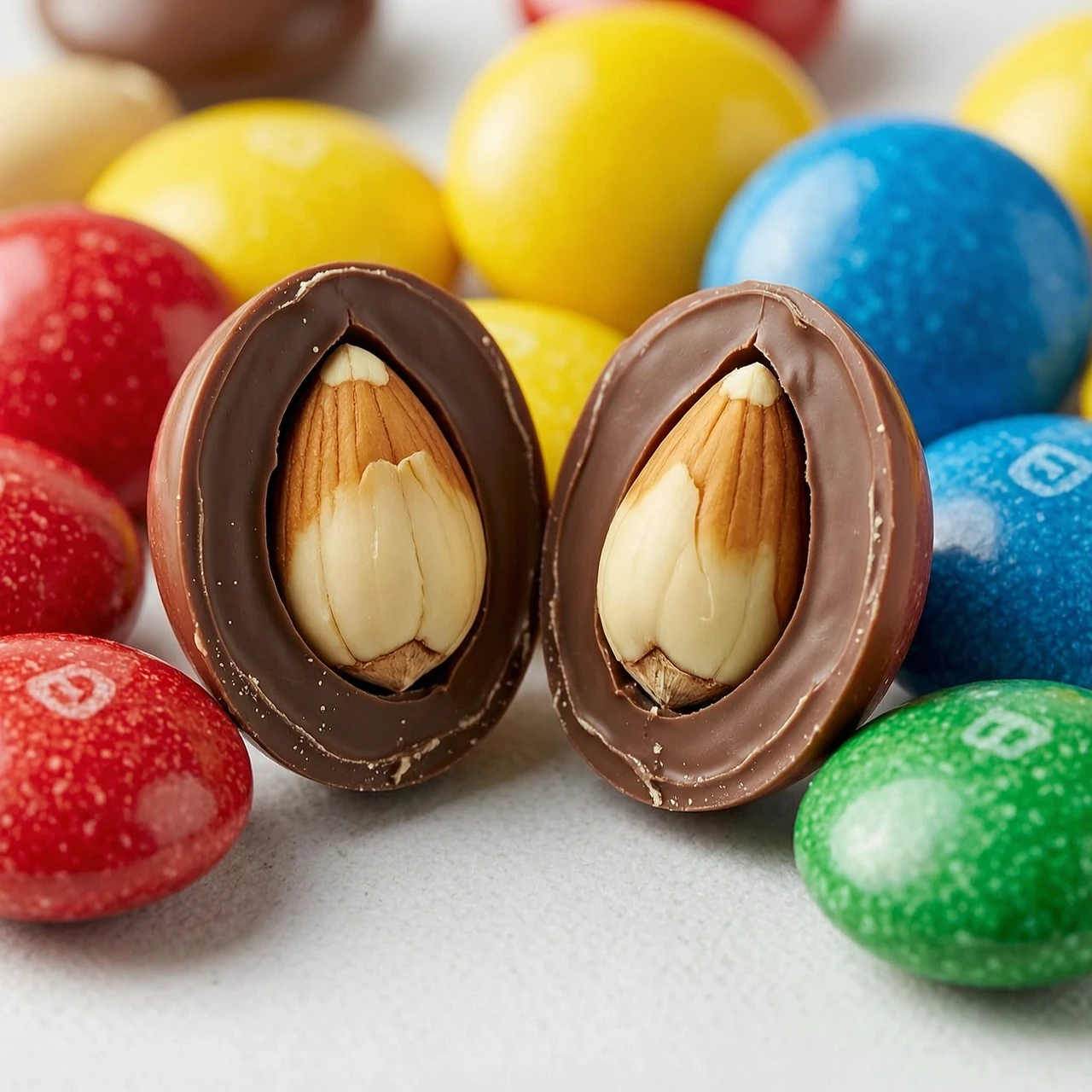 Макрофотография аппетитного драже M&amp;M's, разрезанного ровно пополам. Внутри цветной хрустящей глазури и слоя нежного молочного шоколада находится цельный, идеально…