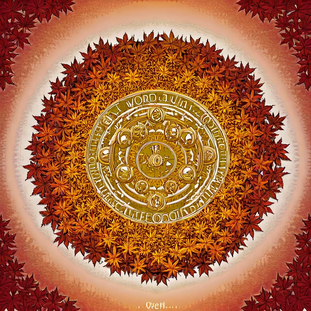 Digital image with double exposure and overlay of layers and textures. Vector graphics. The word "OCEHb" is made of gold, crimson and green skeletonized textured…