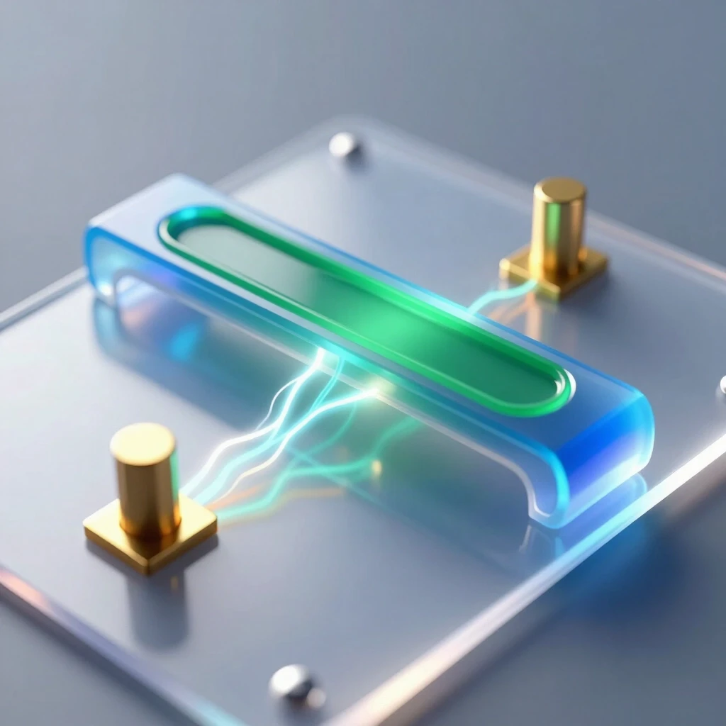A hyper‑realistic scientific 3D illustration of a single organic field‑effect transistor with a bottom gate and top contacts of the following structure (from bottom to top): a…