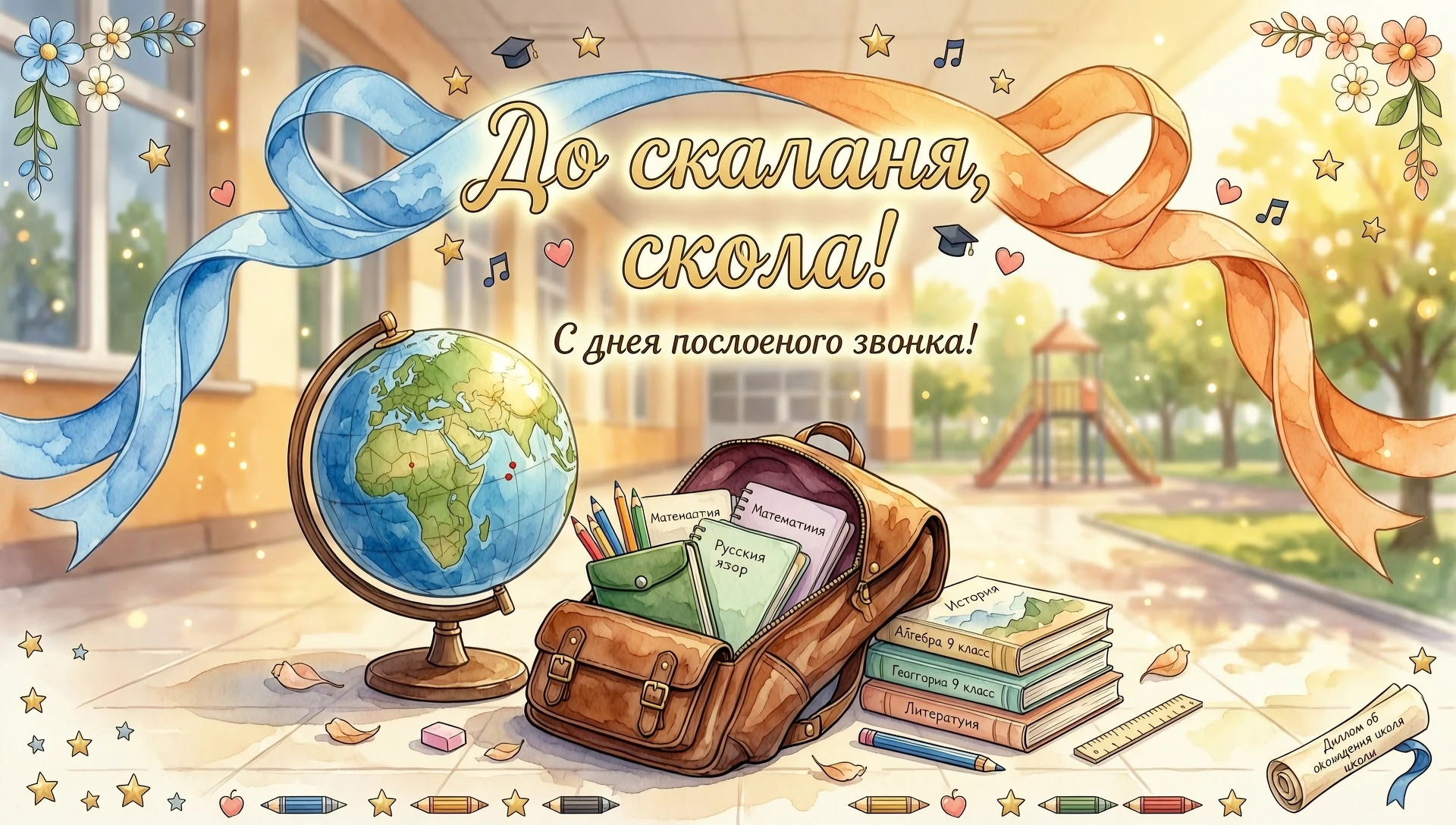 Праздничная открытка на последний звонок. На первом плане красивая композиция из школьных атрибутов: глобус, стопка книг, коричневый школьный ранец, выглядывающий из него пенал…