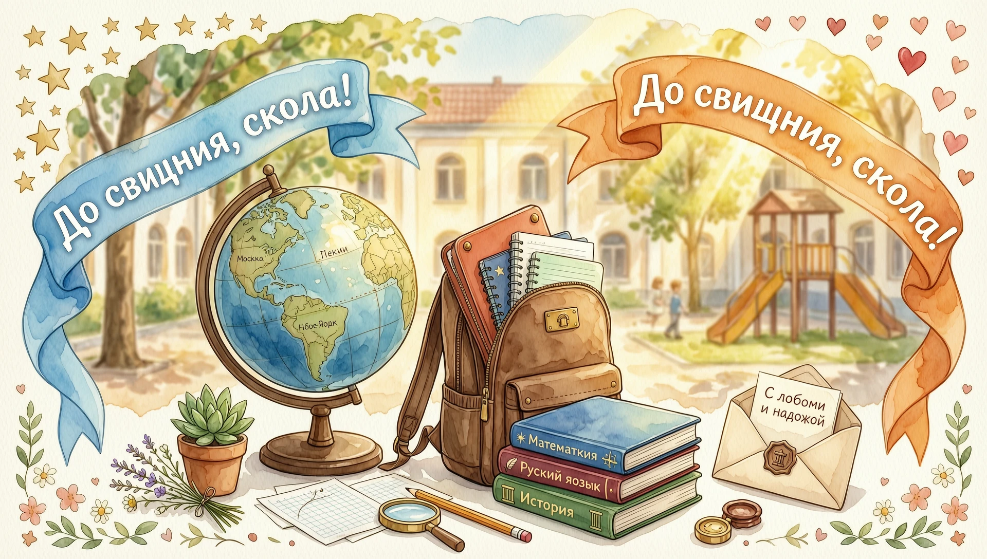 Праздничная открытка на последний звонок. На первом плане красивая композиция из школьных атрибутов: глобус, стопка книг, коричневый школьный ранец, выглядывающий из него пенал…