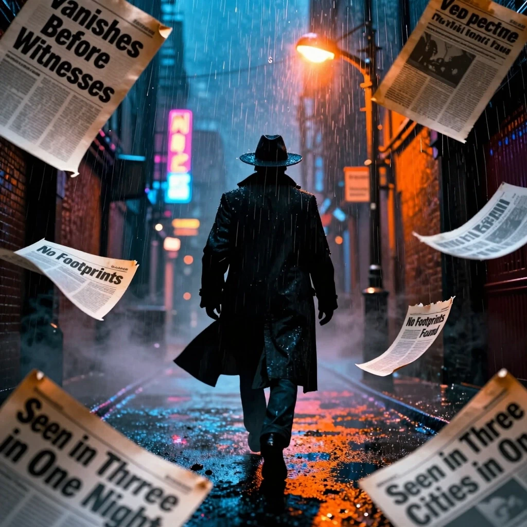 Dynamic cinematic composition that looks like a 3D recreation layered over a collage of yellowed newspaper clippings. In the center, a mysterious figure in a long coat and…