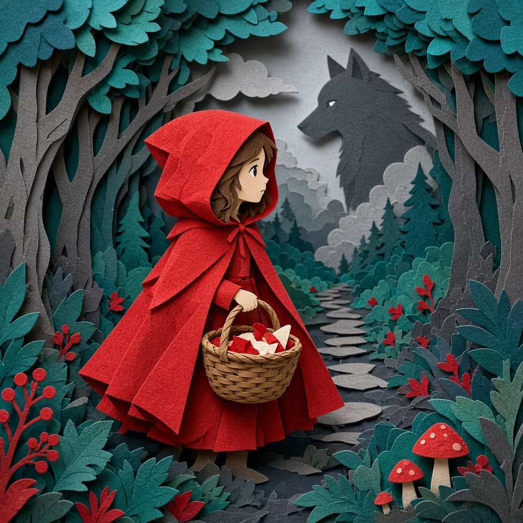 3D multi-layered papercut art of Little Red Riding Hood with a mysterious silhouette of a wolf in the background forest, layered papercraft, vibrant red, bright teal, and shades…