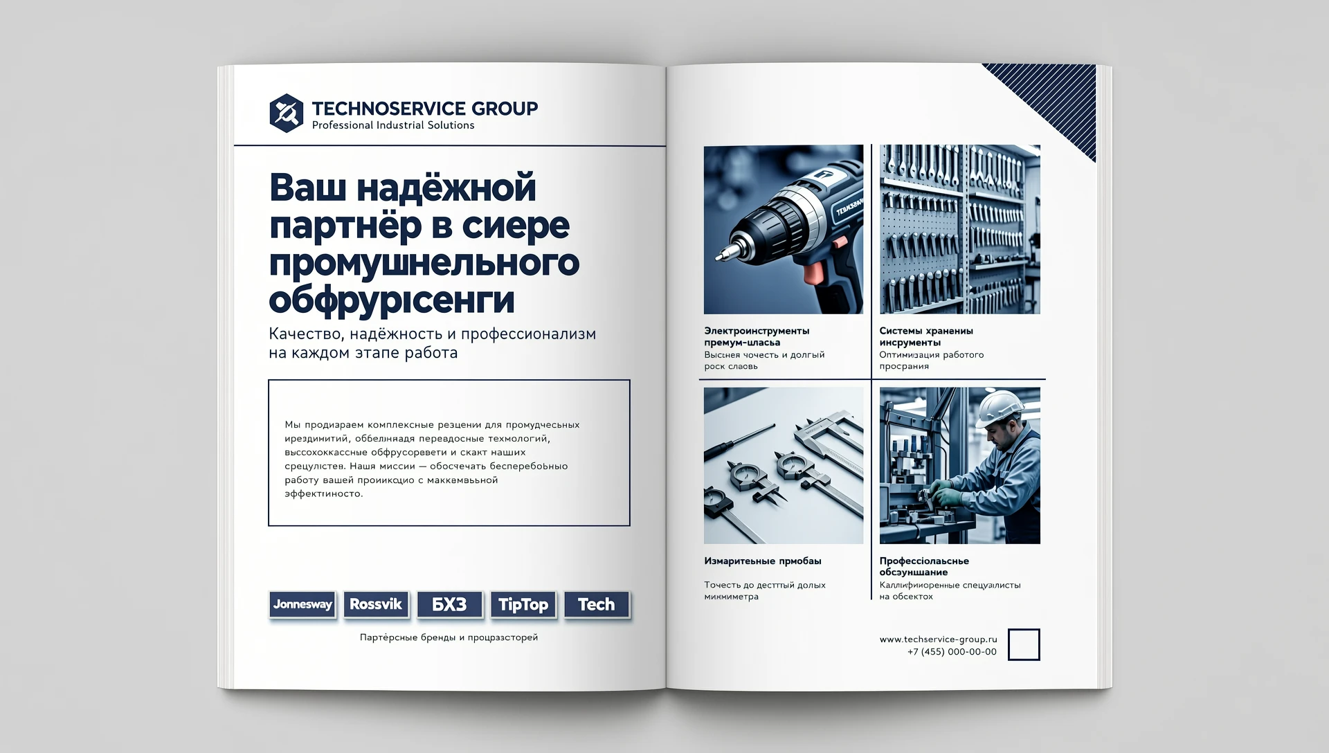 a4 album layout colors: blue, white draw a mockup of two pages, left page - company logo at the top left, title below, subtitle below that, text block below that, also place 5…