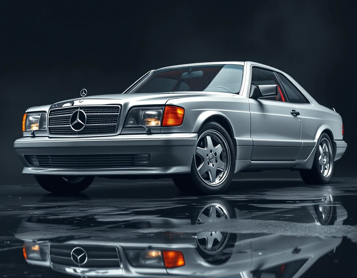 Subject: Mercedes-Benz 560 SEC W126 AMG widebody coupe, two-door Color: silver metallic body, polished, deep reflective paint finish Wheels: AMG Gullideckel monoblock wheels,…