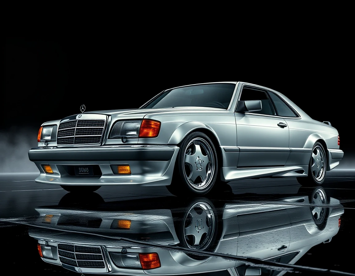 Subject: Mercedes-Benz 560 SEC W126 AMG widebody coupe, two-door Color: silver metallic body, polished, deep reflective paint finish Wheels: AMG Gullideckel monoblock wheels,…