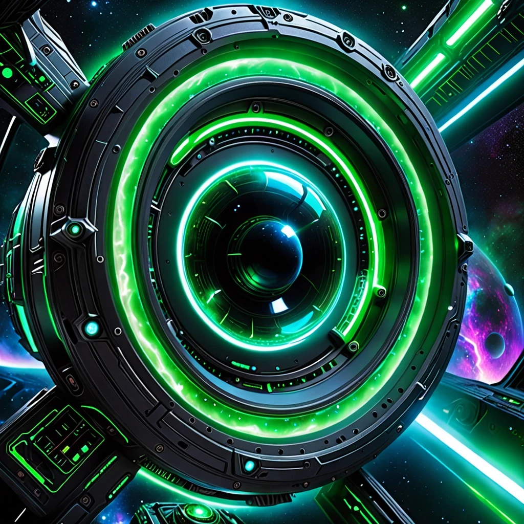 Power metal-style album cover, devoid of any text. A futuristic spacecraft, featuring glowing green elements and blue ion engines, travels through a vibrant cosmic nebula. The…